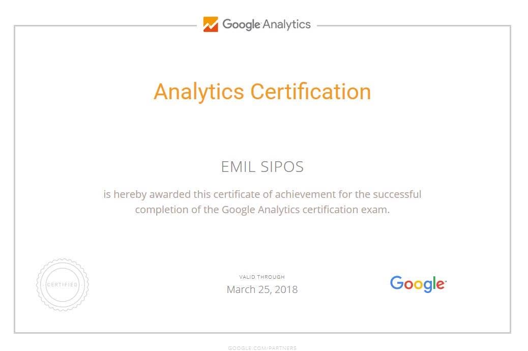Google Analytics Certification awarded to Emil Sipos, 2018